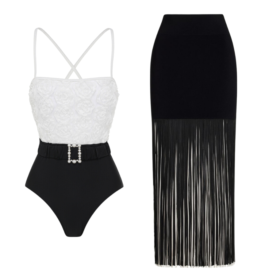 3D Flower Embossed Fabric Color Block One Piece Swimsuit and Skirt ...