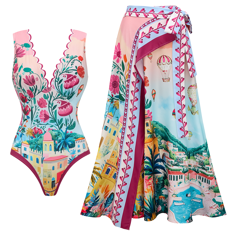 Scallop Cut Neck One Piece Swimsuit and Skirt