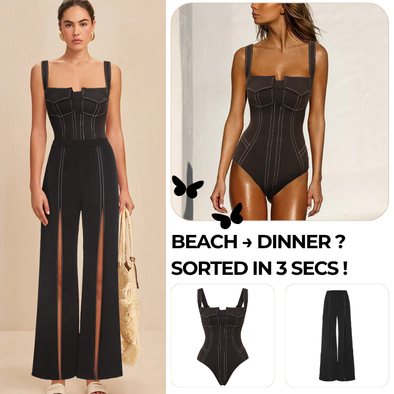 Black Pocket One Piece Swimsuit and Slit Pant Flaxmaker