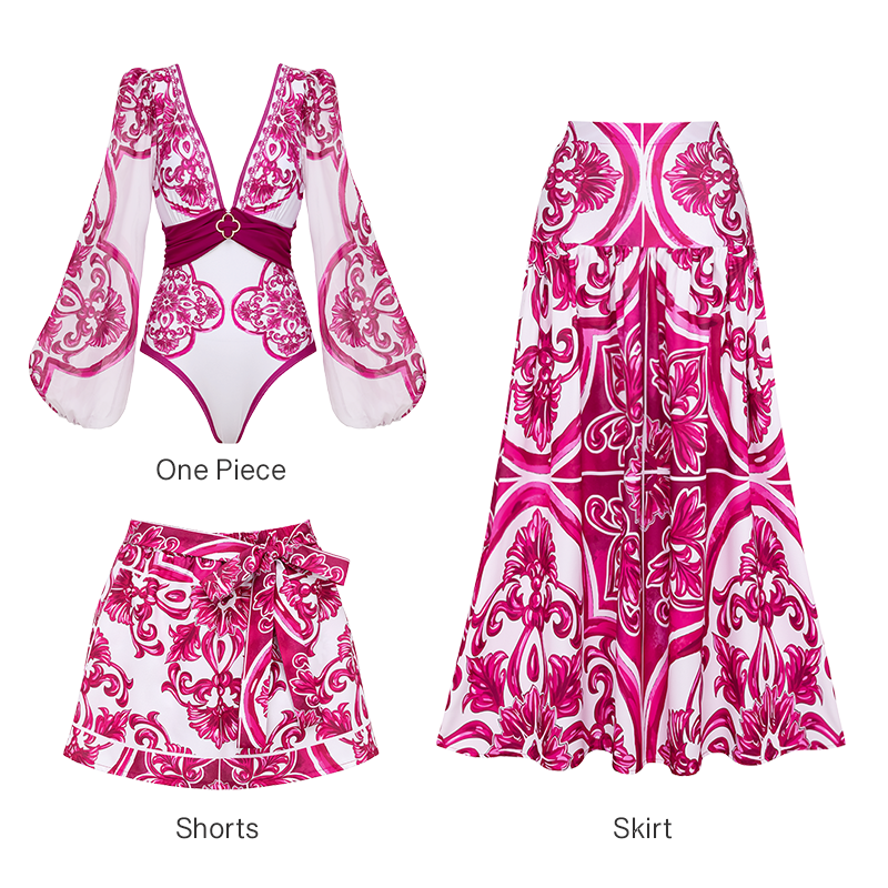 Long Sleeves Classic Majolica Series Pattern Print One Piece Swimsuit and Skirt or Shorts