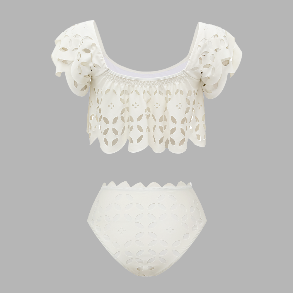 White Laser Hollowing Bikini Swimsuit and Skirt
