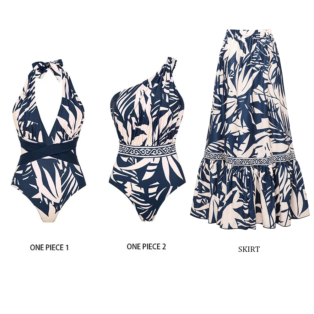 V Neck Leaves Print One Piece Swimsuit and Pants/Skirt