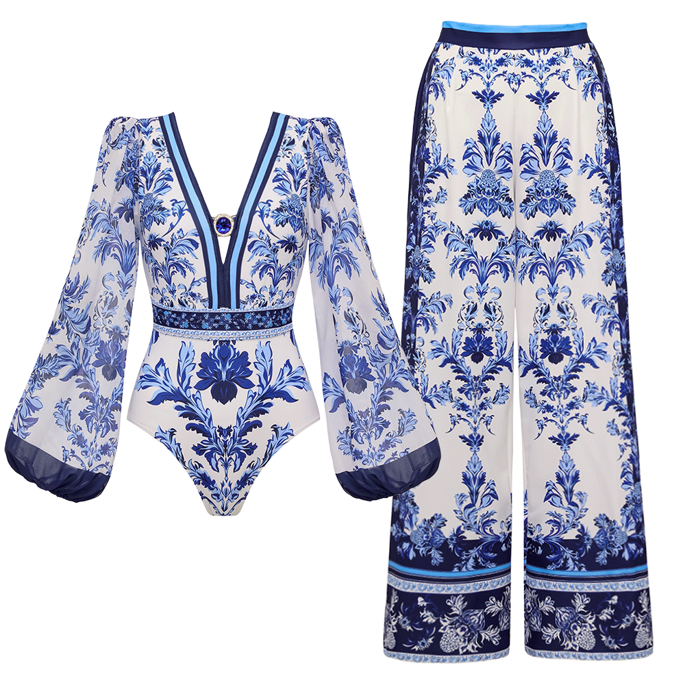 Long Sleeve Flower Color Block Print One Piece Swimsuit and Skirt/Pants