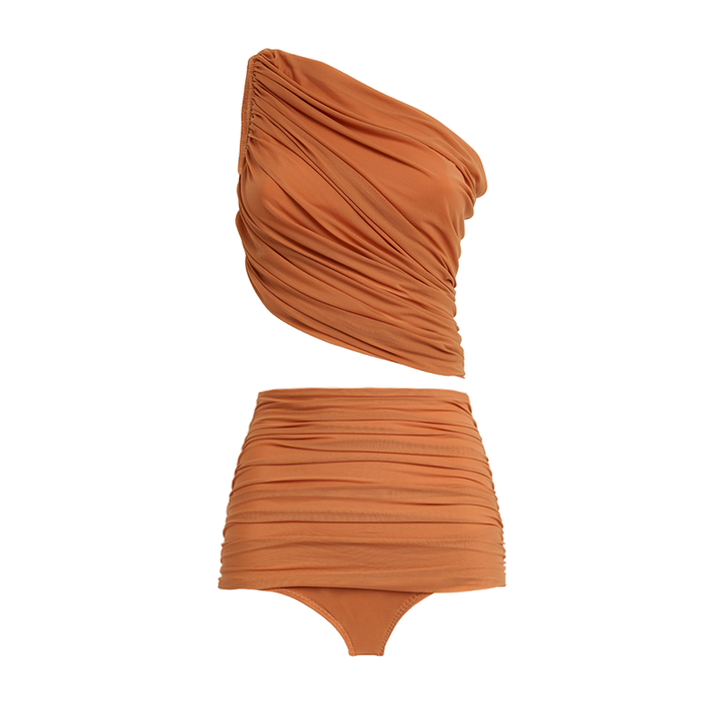 One Shoulder Ruched Rust High Waist Bikini Swimsuit and Sarong Flaxmaker
