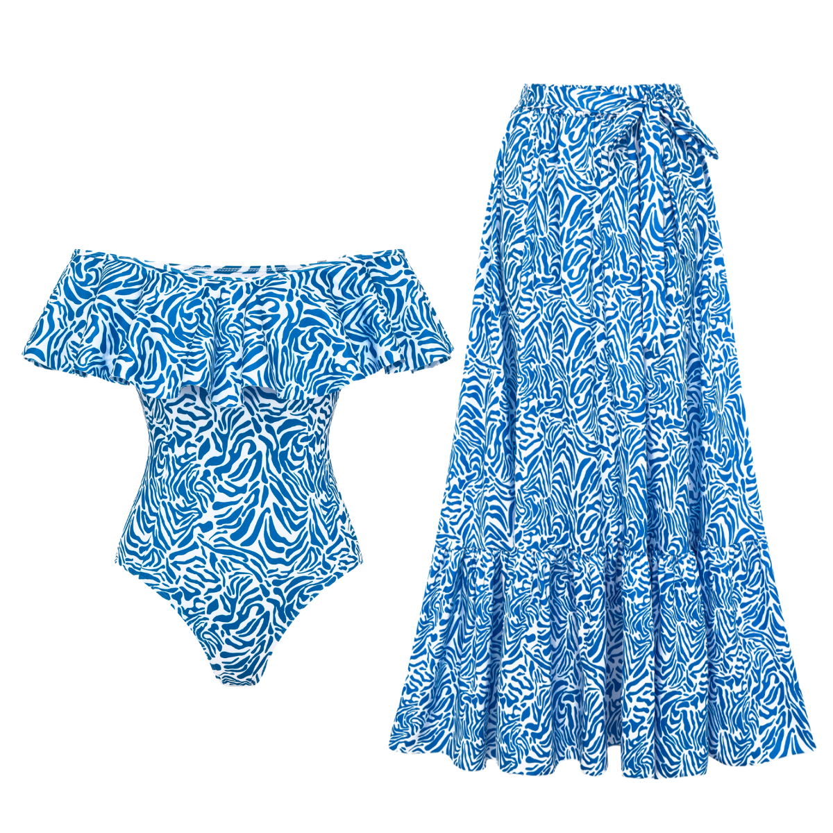 Ruffle Printed One Piece Swimsuit and Skirt