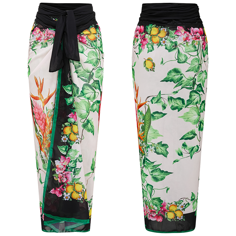 Sequin Embroidered Bird One Shoulder Printed One Piece Swimsuit and Sarong or Skirt Flaxmaker