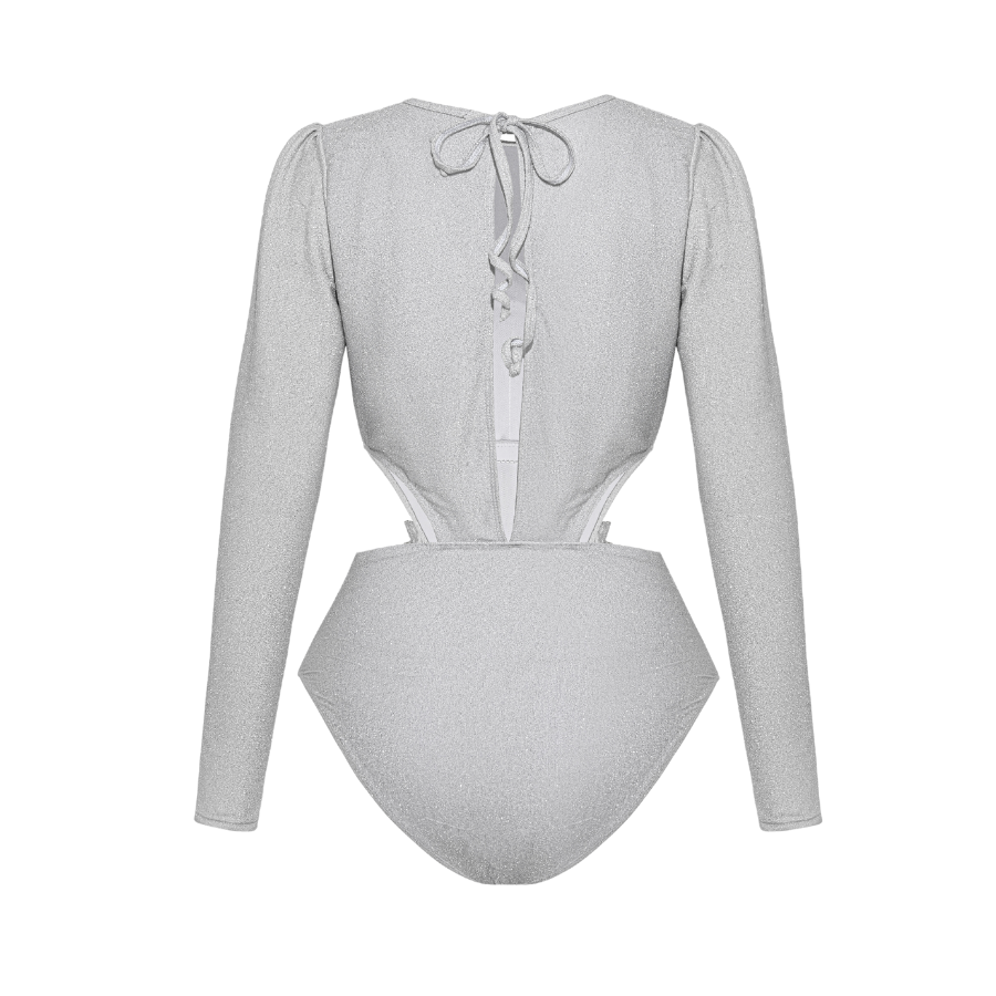 Silver Embroidered Long Sleeves Cutout Swimsuit and Sarong