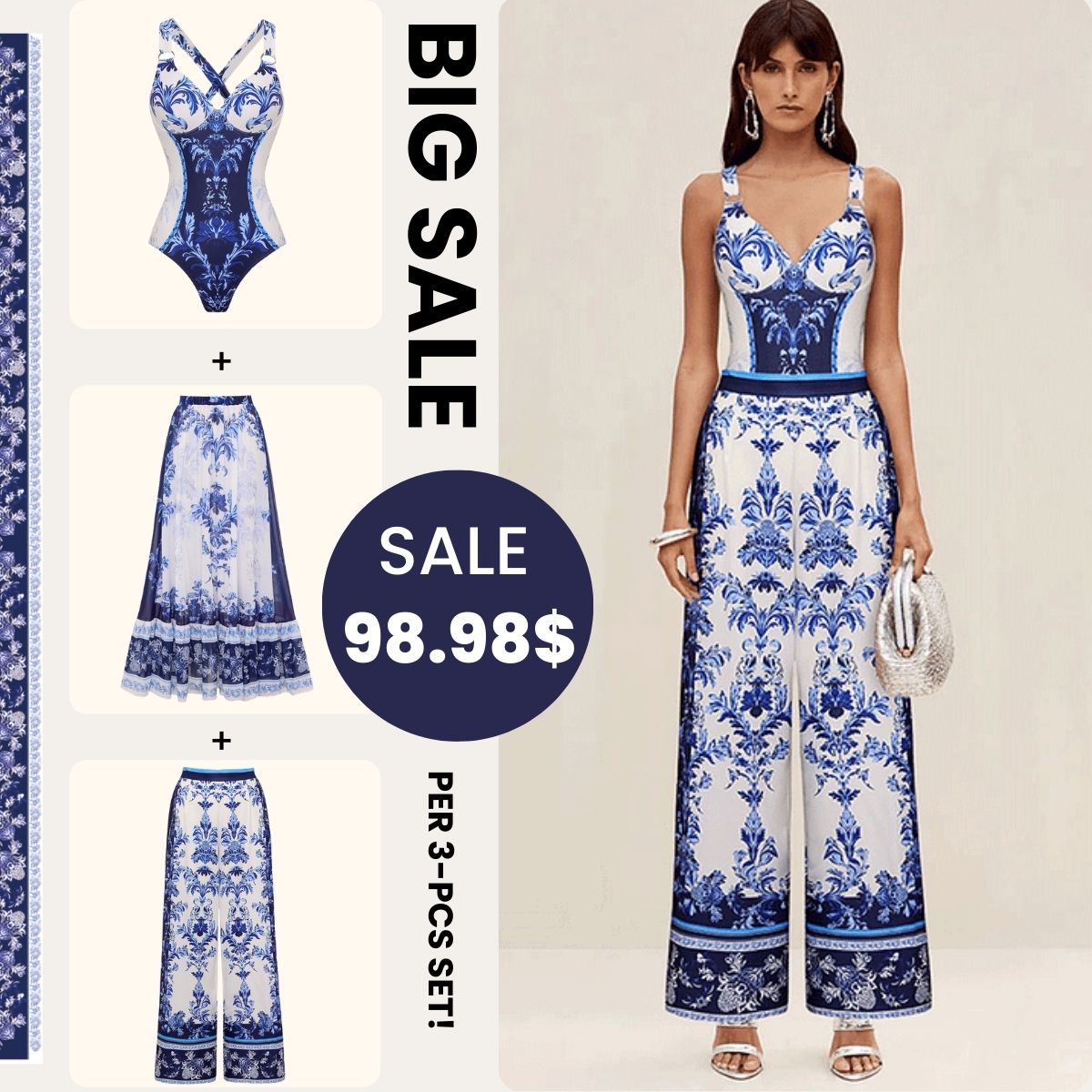 Adjustable Sling Lace Up Flower Print One Piece Swimsuit and Skirt/Pants