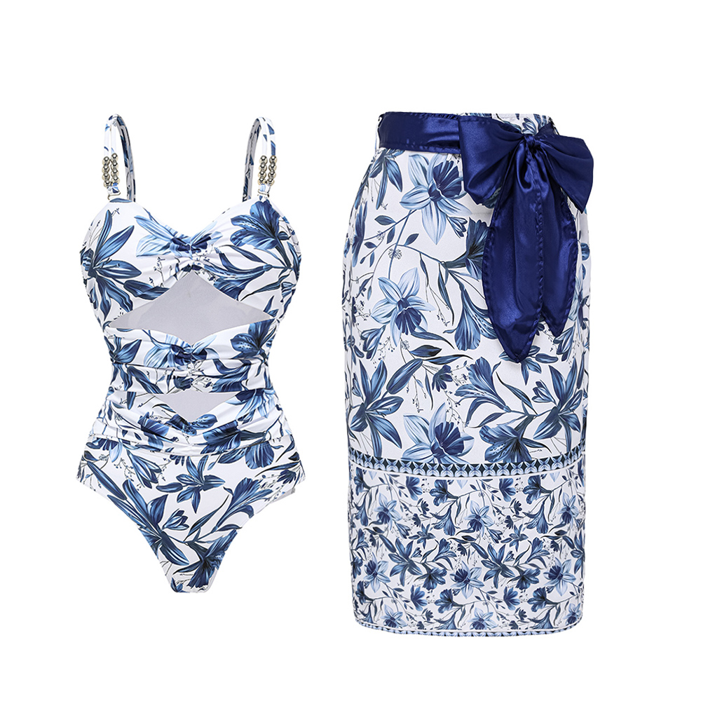 Sling Cut Out Printed One Piece Swimsuit and Skirt