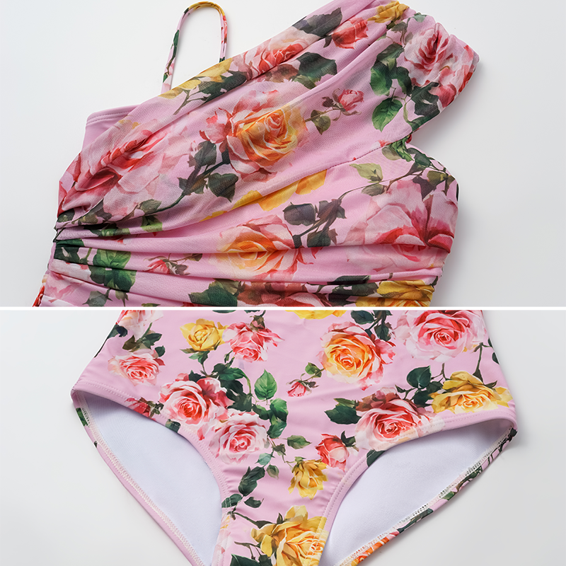 Plus Size Rose One Shoulder One Piece Swimsuit and Skirt