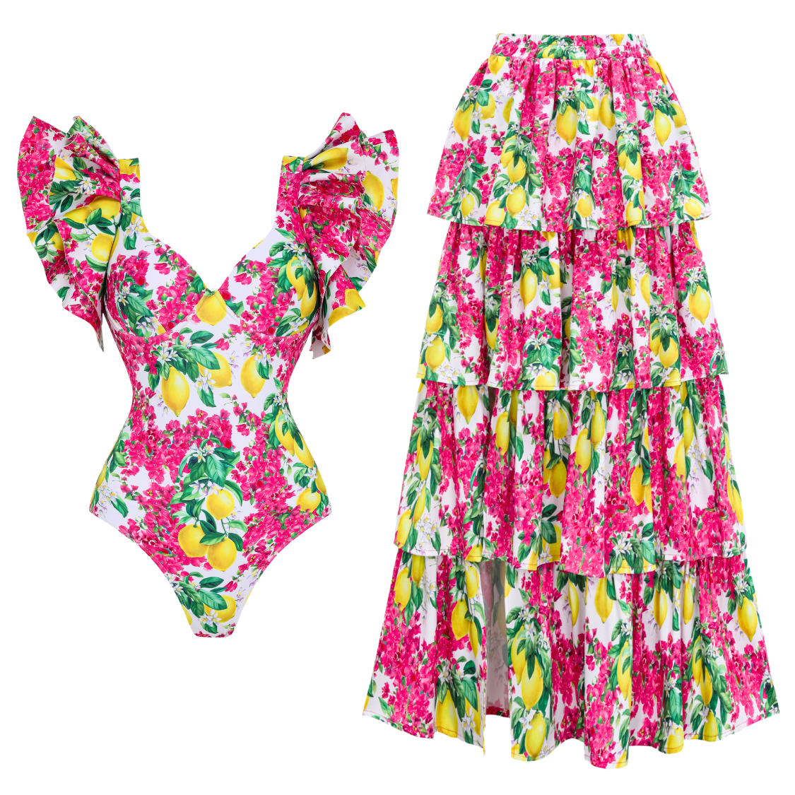 Ruffled Lemon Floral Print One Piece Swimsuit and Tiered Skirt