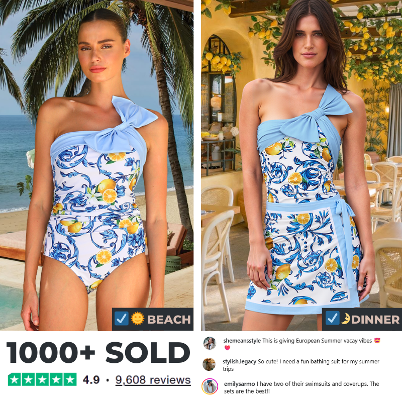 Lemon Print One Shoulder One Piece Swimsuit and Sarong or Skirt Flaxmaker