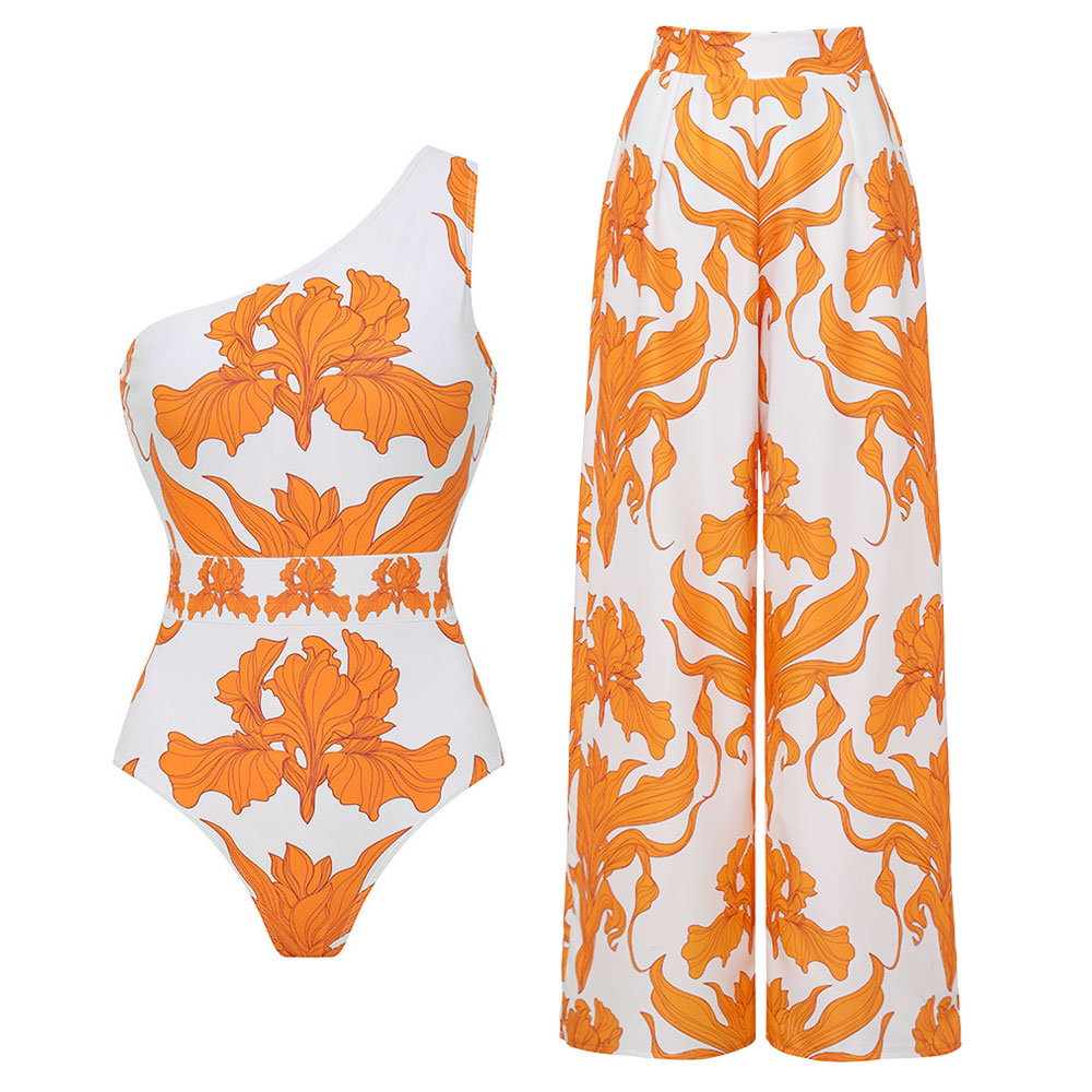 One Shoulder Iris Print One Piece Swimsuit and Pants