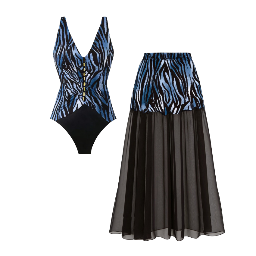 Blue Zebra Stripe Color-Blocked Print Swimsuit Set(s)