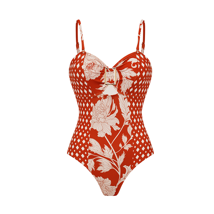 Bandeau Red Flower Print Cut Out Splicing Swimsuit Set(s)
