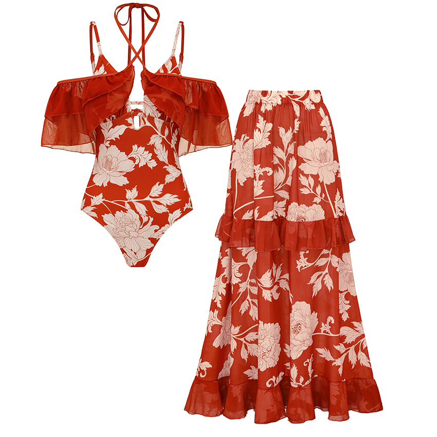 Adjustable Shoulder Straps Detachable Ruffles Print Swimsuit Set(s)