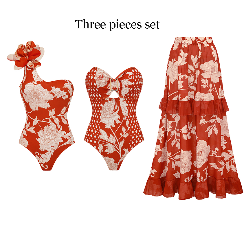 One Shoulder 3D Flower Red Print Swimsuit Set(s)