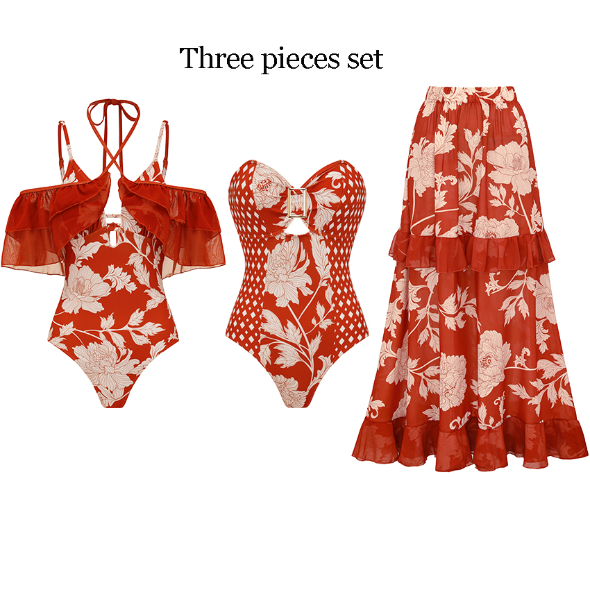 Bandeau Red Flower Print Cut Out Splicing Swimsuit Set(s)