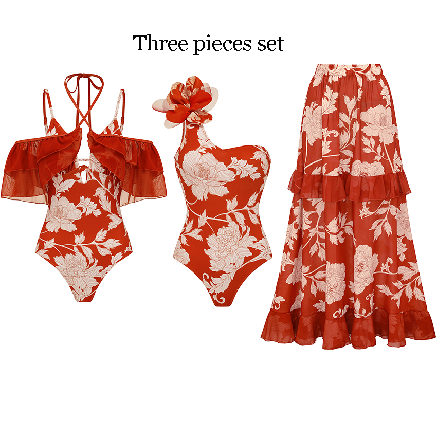 Adjustable Shoulder Straps Detachable Ruffles Print Swimsuit Set(s)