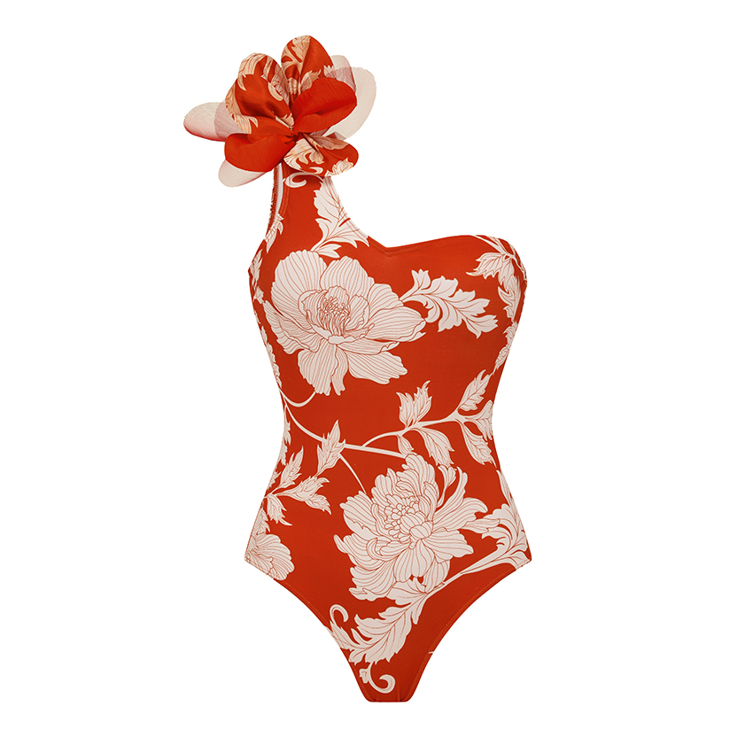 One Shoulder 3D Flower Red Print Swimsuit Set(s)