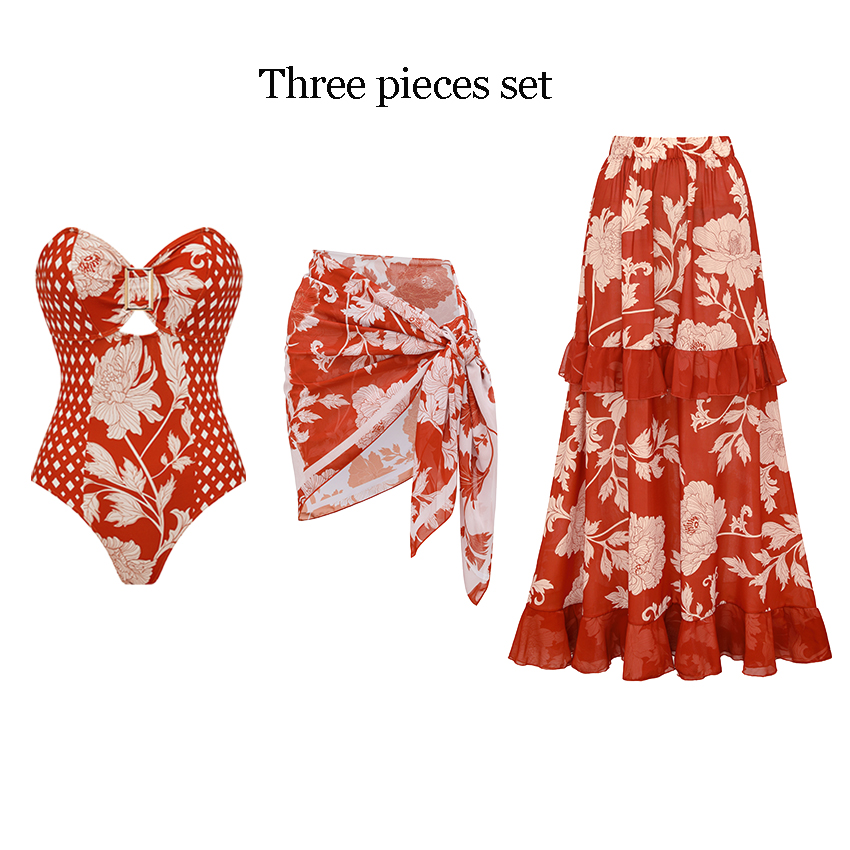 Bandeau Red Flower Print Cut Out Splicing Swimsuit Set(s)