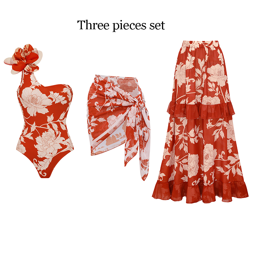 One Shoulder 3D Flower Red Print Swimsuit Set(s)