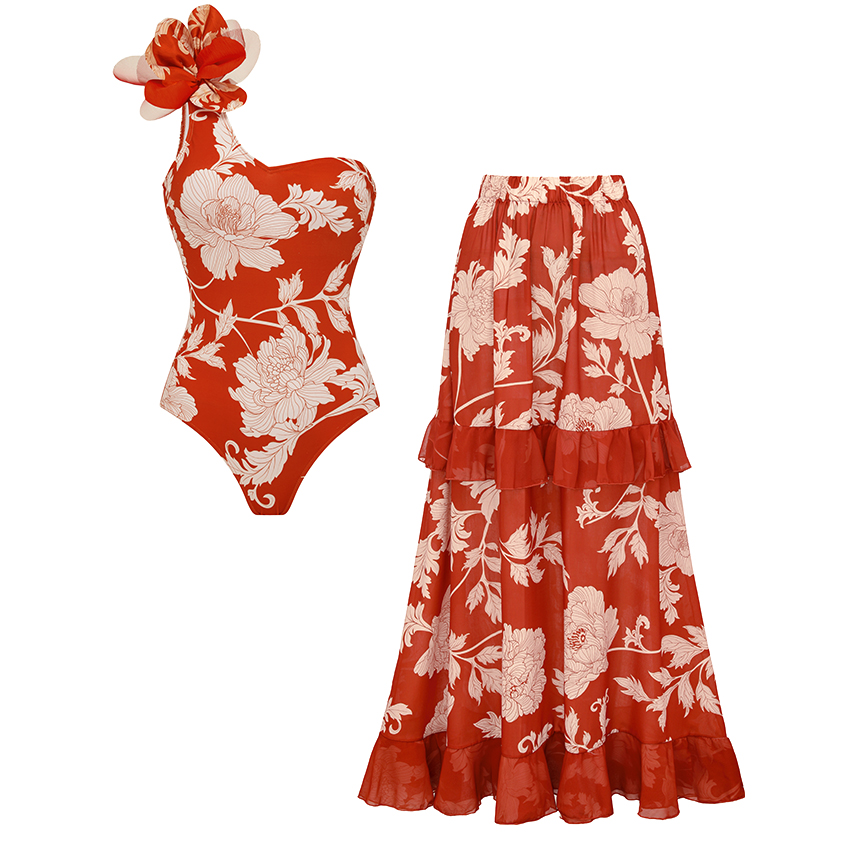 One Shoulder 3D Flower Red Print Swimsuit Set(s)