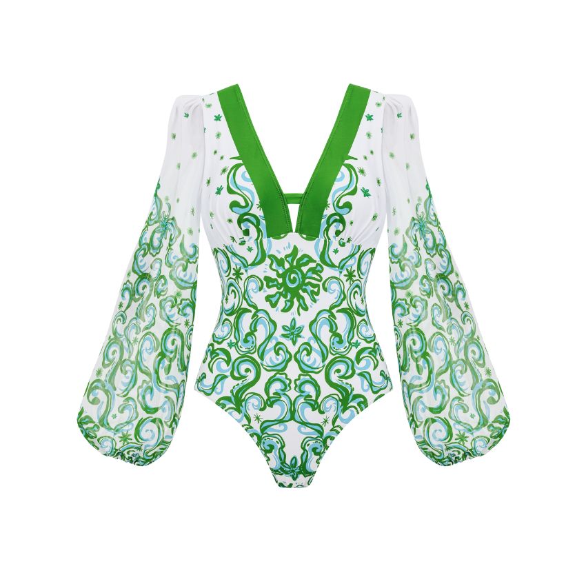 V Neck Printed Long Sleeve Rashguard Swimsuit Set(s)