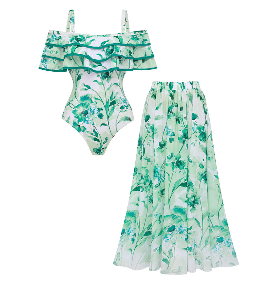 Green Loral Rint Tiered Ruffle Off-The-Shoulder Swimsuit Set(s)