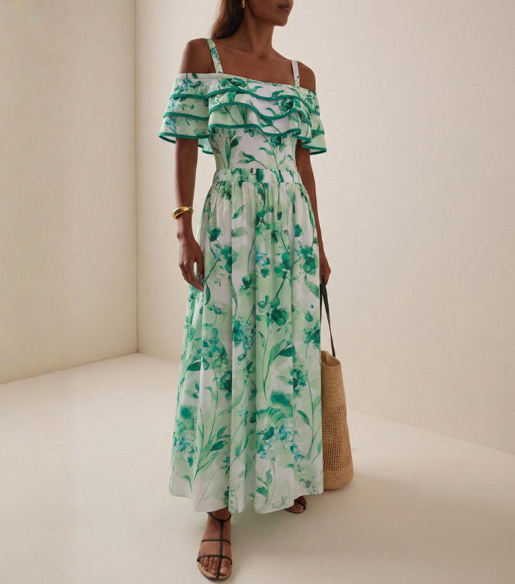 Green Loral Rint Tiered Ruffle Off-The-Shoulder Swimsuit Set(s)