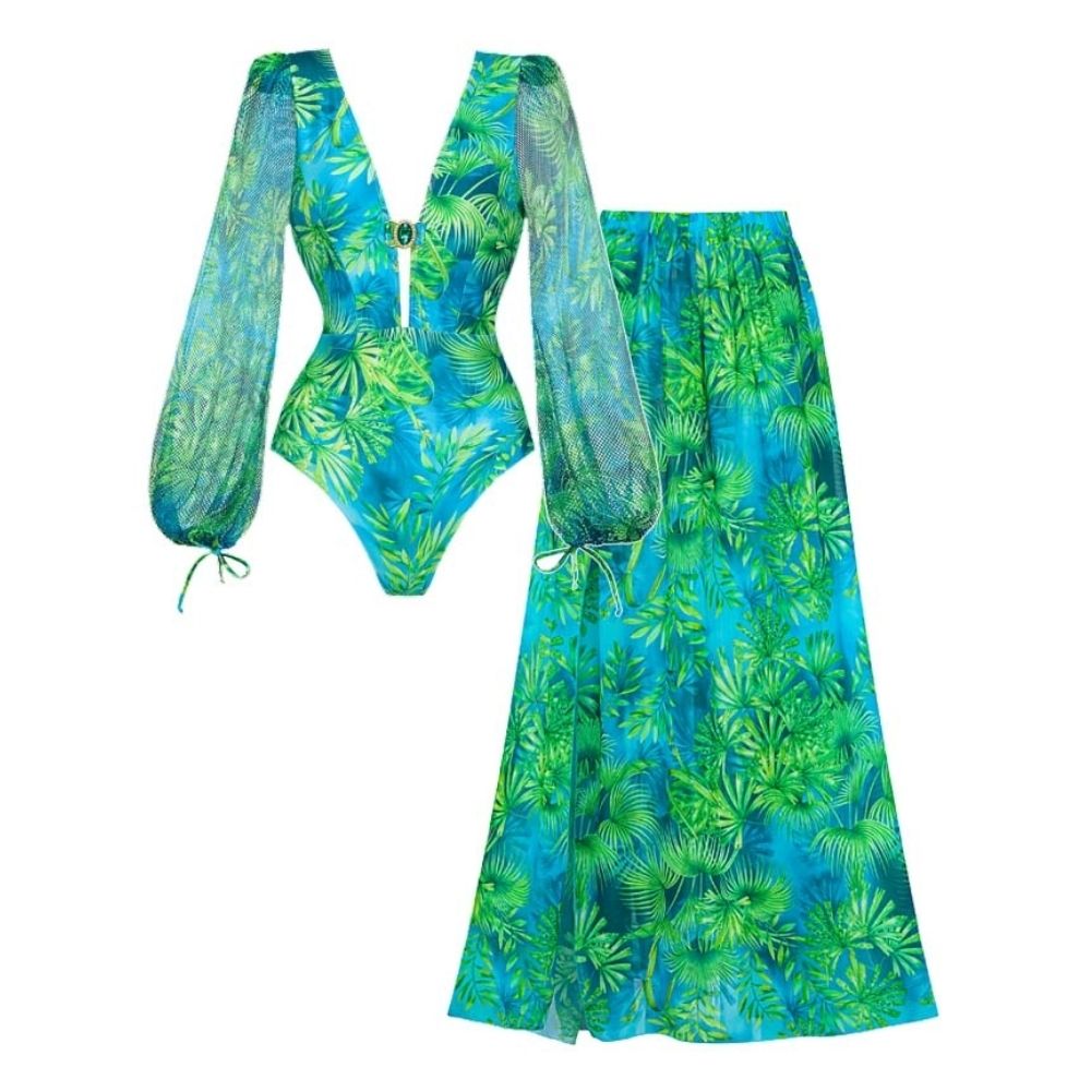 Long-sleeved Jungle Green Print One Piece  Swimsuit and Skirt
