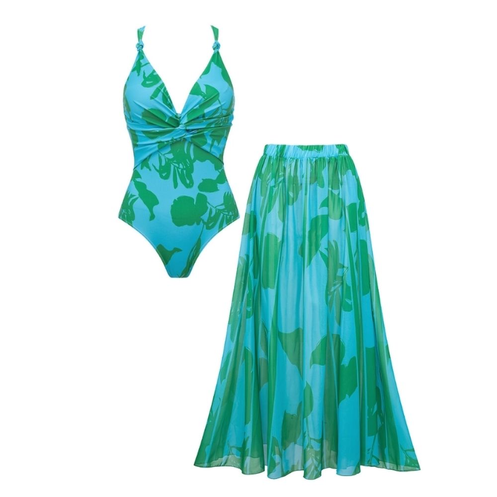 Printed One Piece Swimsuit and Skirt
