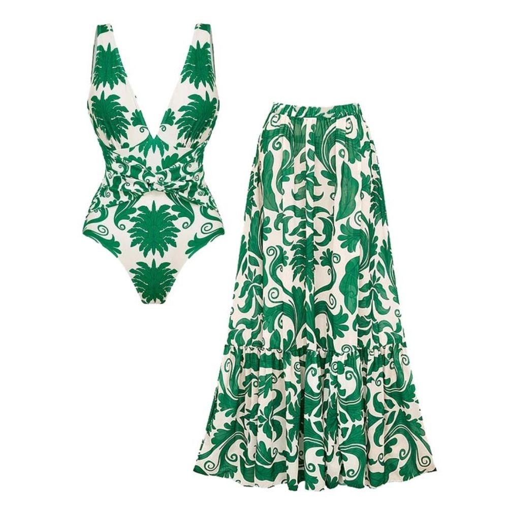 V Neck Printed Knotted at Waist One Piece Swimsuit and Pants Flaxmaker