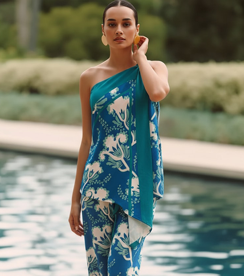 One-shoulder printed set