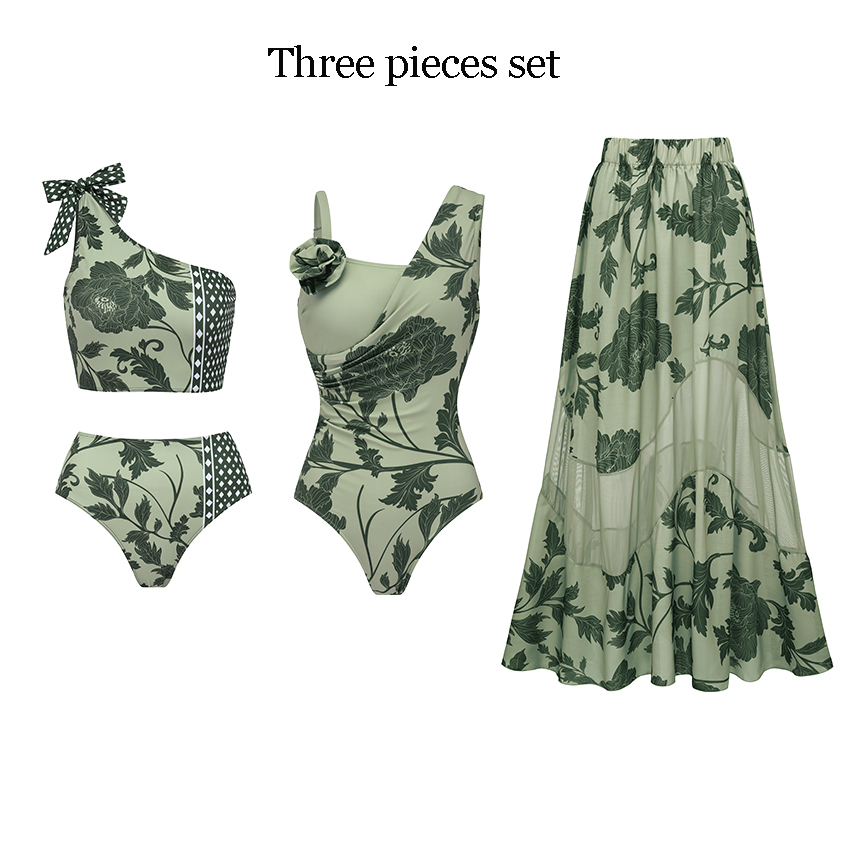 One Shoulder Bow-detailed Green Print Bikini Swimsuit Set(s)