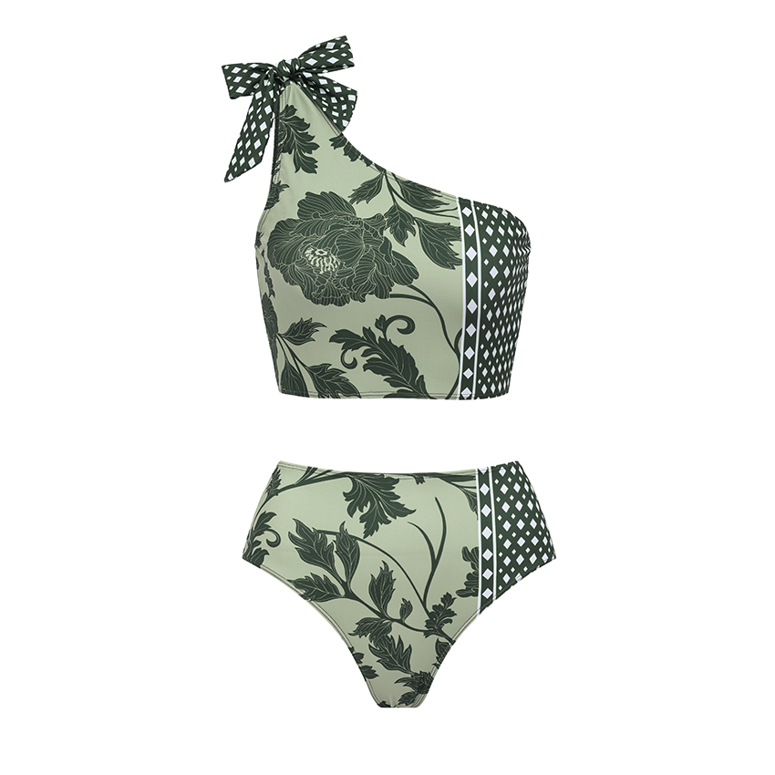 One Shoulder Bow-detailed Green Print Bikini Swimsuit Set(s)
