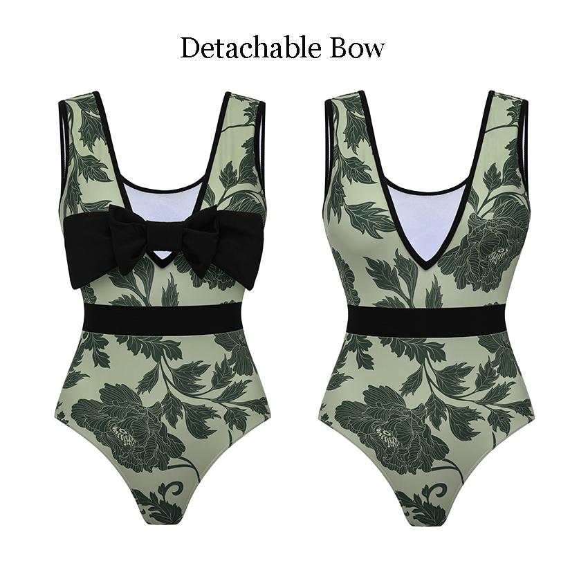 V Neck Detachable Bow Green Print Swimsuit Set(s)