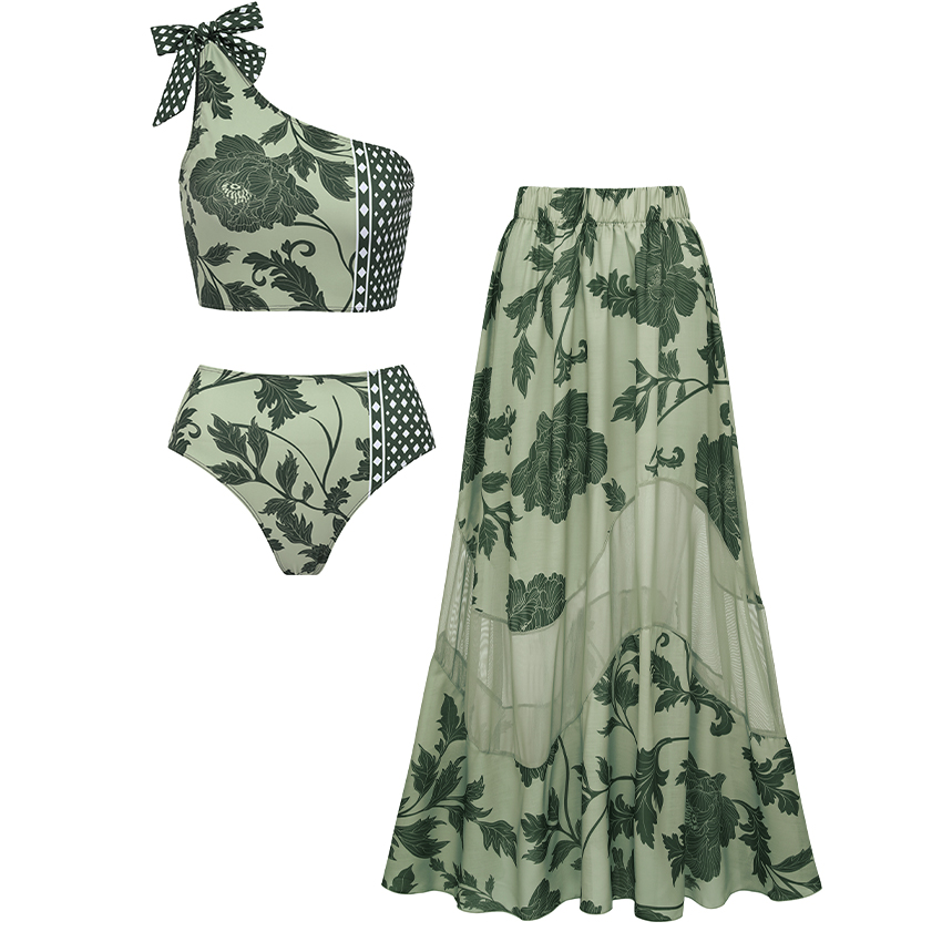 One Shoulder Bow-detailed Green Print Bikini Swimsuit Set(s)
