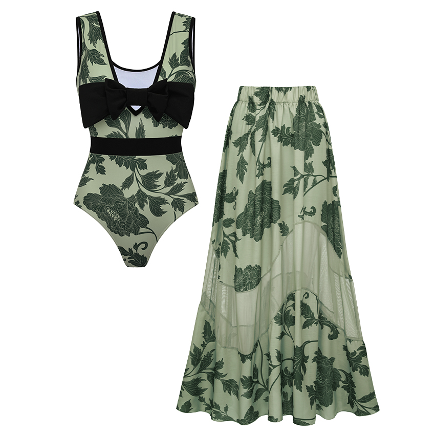 V Neck Detachable Bow Green Print Swimsuit Set(s)