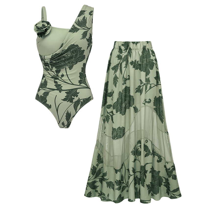 Asymmetry Adjustable shoulder straps Green Print Swimsuit Set(s)