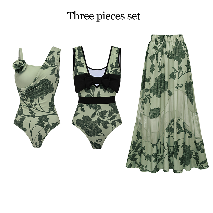 Asymmetry Adjustable shoulder straps Green Print Swimsuit Set(s)