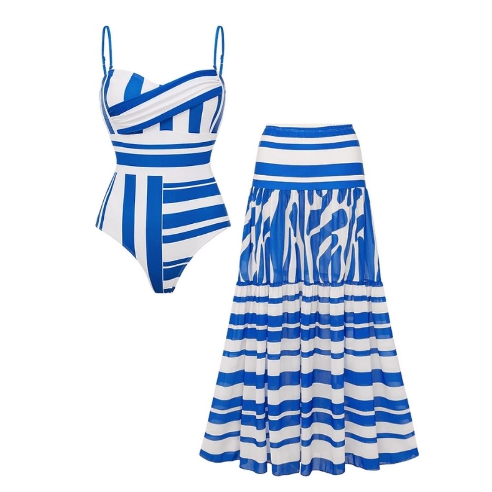 Sling Water Ripple Printed One Piece Swimsuit and Skirt Flaxmaker