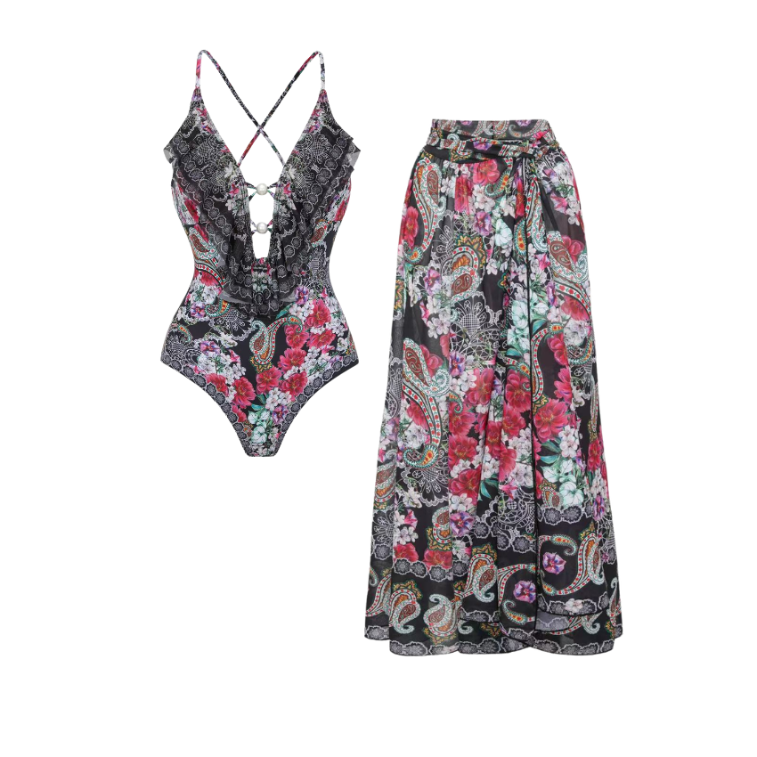 Black Cashew Flower Print Swimsuit Set(s)
