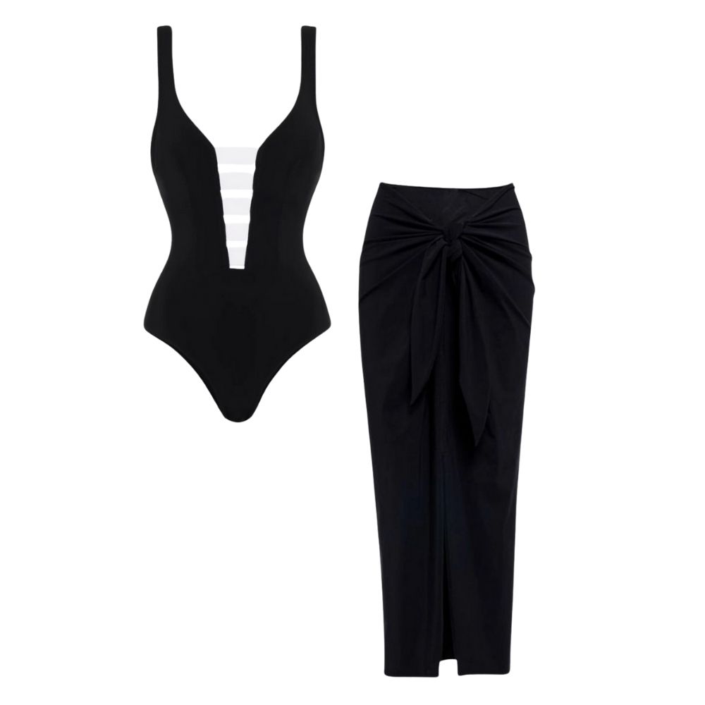 Cutout Color Block One Piece Swimsuit and Skirt