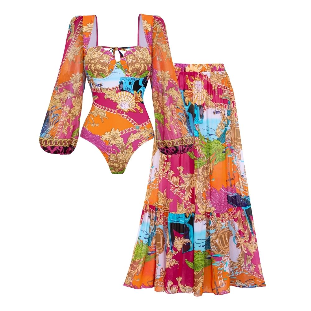 Long Sleeve Shell Chest Pad Printed One Piece Swimsuit and Skirt