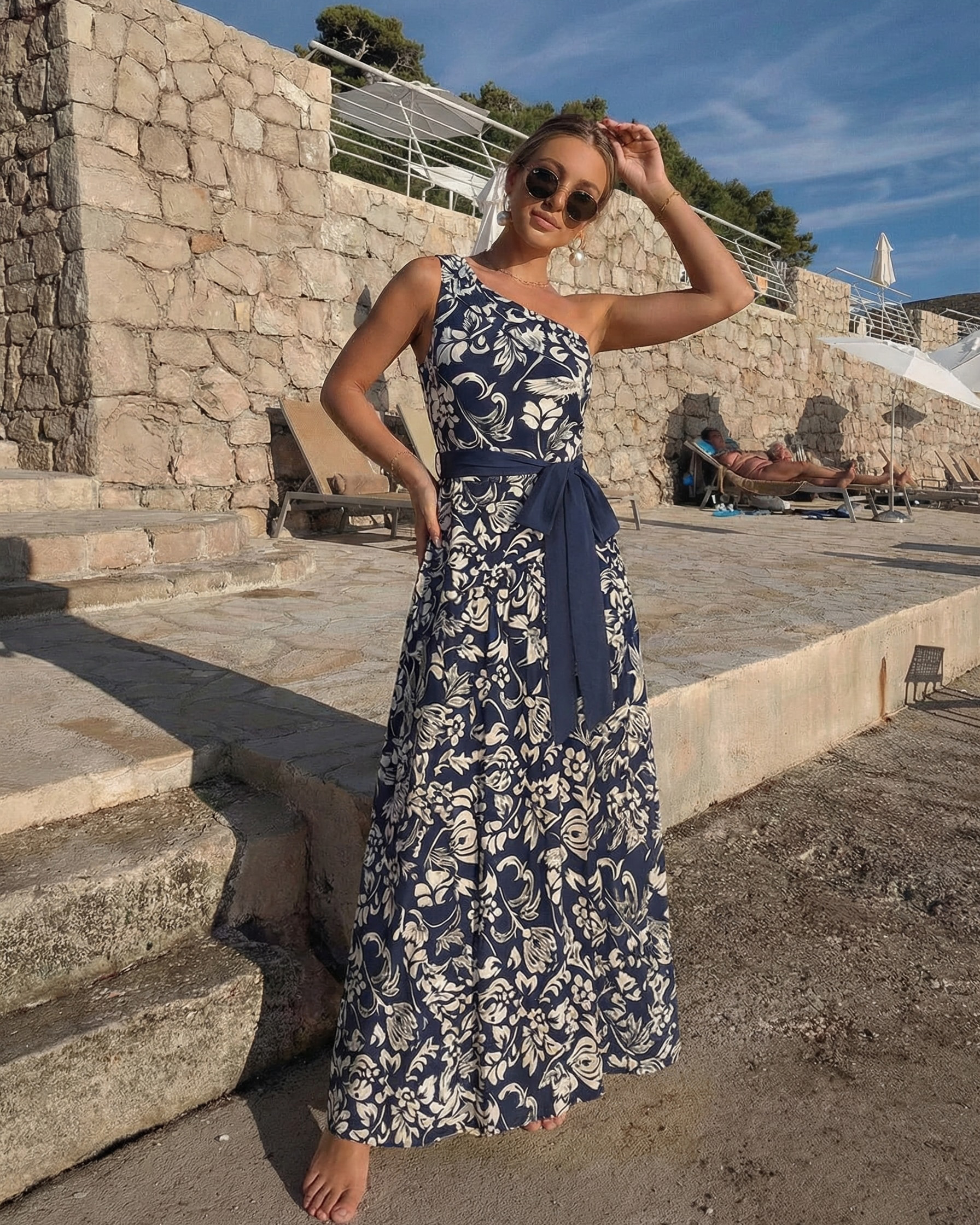 One Shoulder Ruched Blue Printed Swimsuit Set(s)