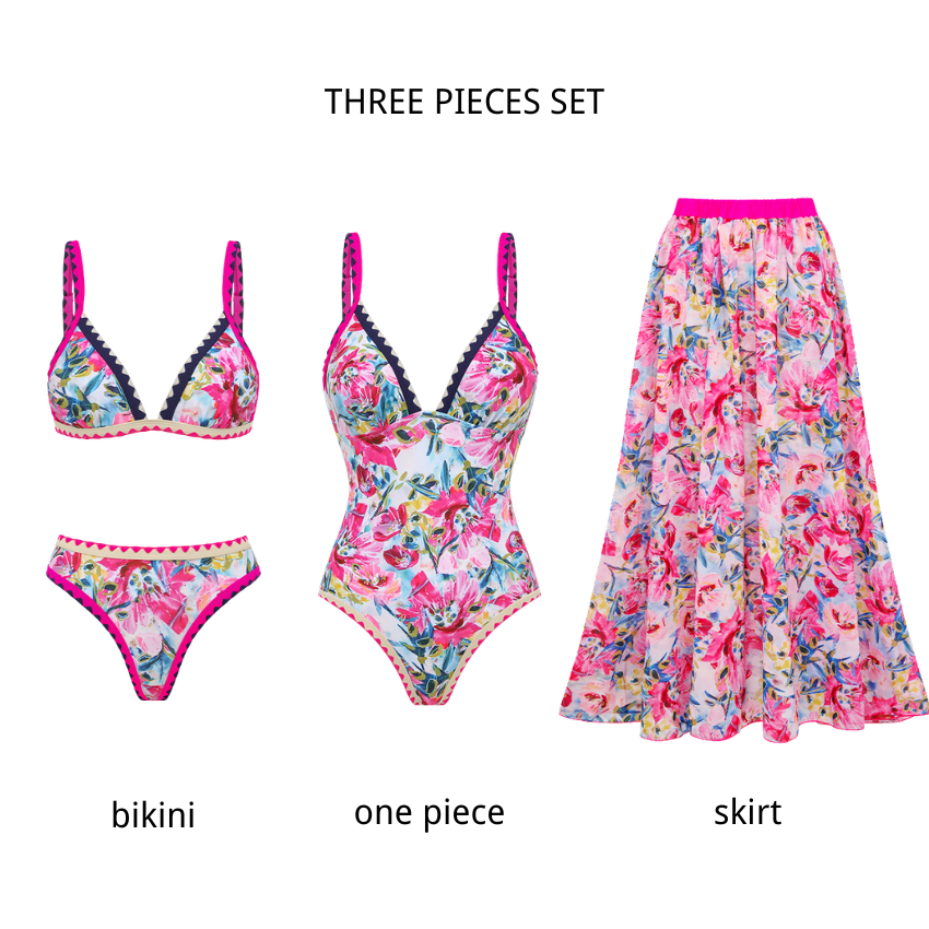 V-neck Pink Iris Print Swimsuit Set(s)
