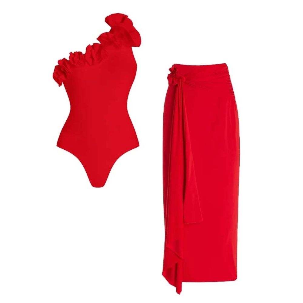 One Shoulder 3D Flower Red Solid Color One Piece Swimsuit and Skirt