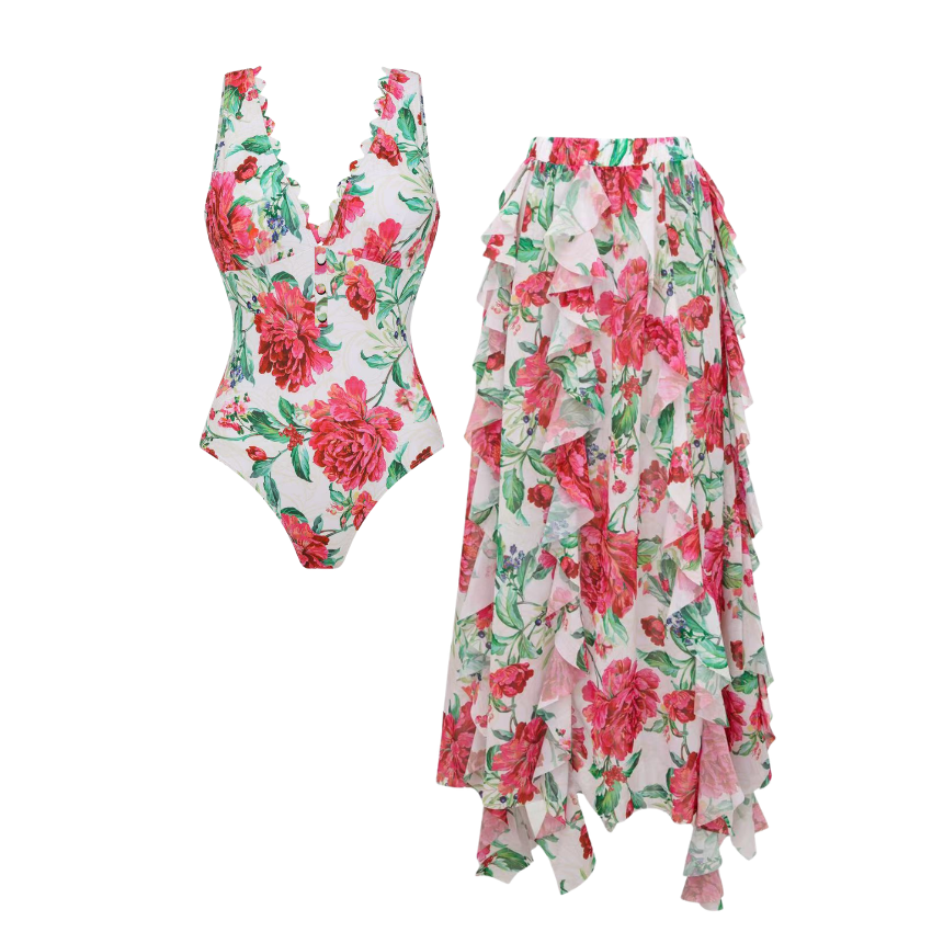 Color-Blocked Blooming Flower Print Swimsuit Set(s)