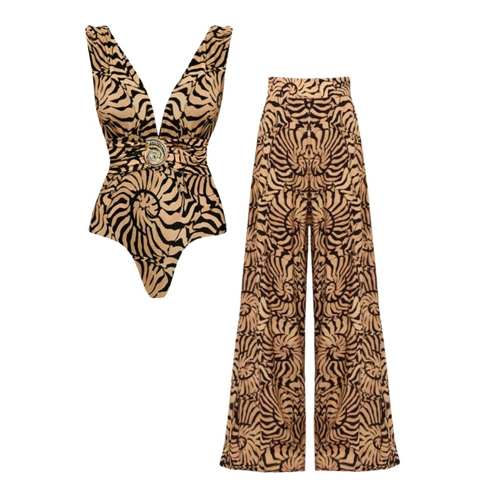 V-Neck Marine Thread One Piece Swimsuit and Sarong